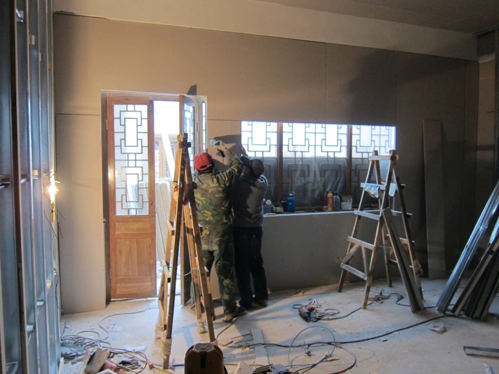 first wall goes up inside the recording room